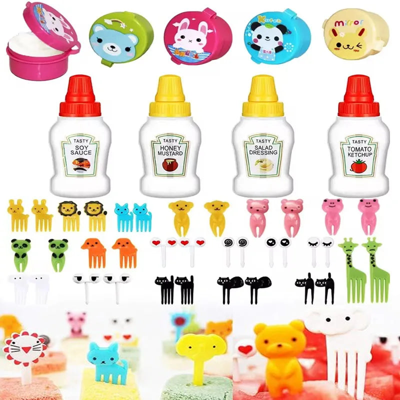 Kids Mini Cartoon Animal Food Toothpicks Condiment Squeeze Bottles Reusable Condiments Containers Office Lunch Box Accessories