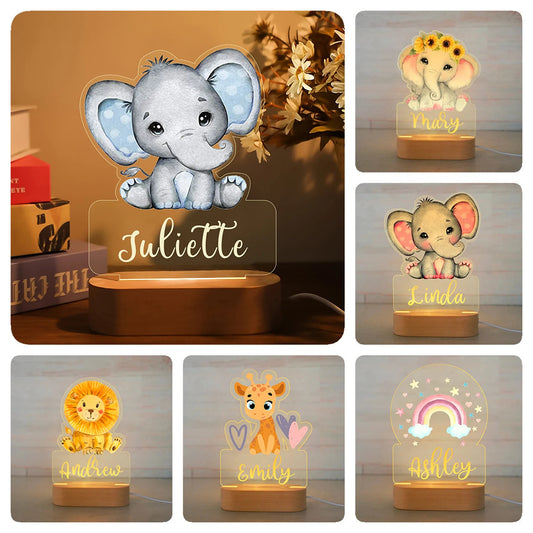 Personalized Children Animal Night Light Custom Name Acrylic Lamp Baby Kids Bedroom Decoration Neonate Birthday Christmas Gift