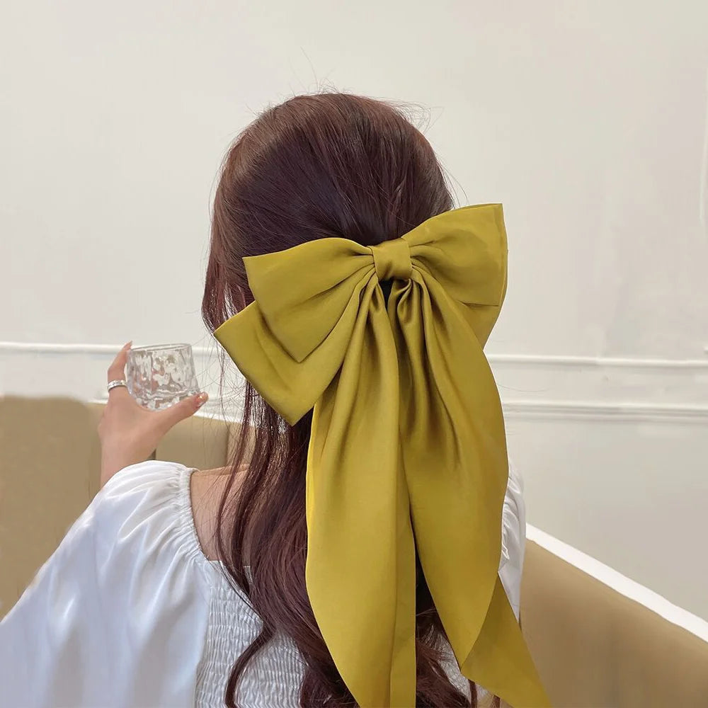 Chiffon Bow Hair Clip Women Large Bowknot Stain Hairpin Barrettes Girls Solid Color Ponytail Clip Hair Accessories Headwear Gift